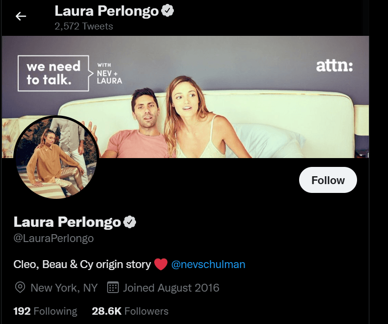 Nev Schulman 2023 net worth will surprise you - Nev Schulman's wife Laura Perlongo hearting her husband on Twitter account